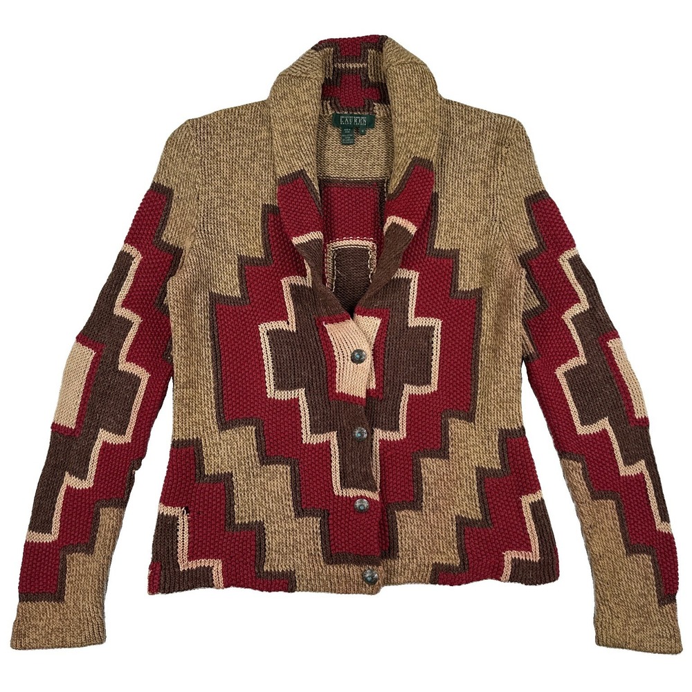 Lauren Ralph Lauren Native Hand Knit Cardigan Sweater Women's Medium Santa Fe